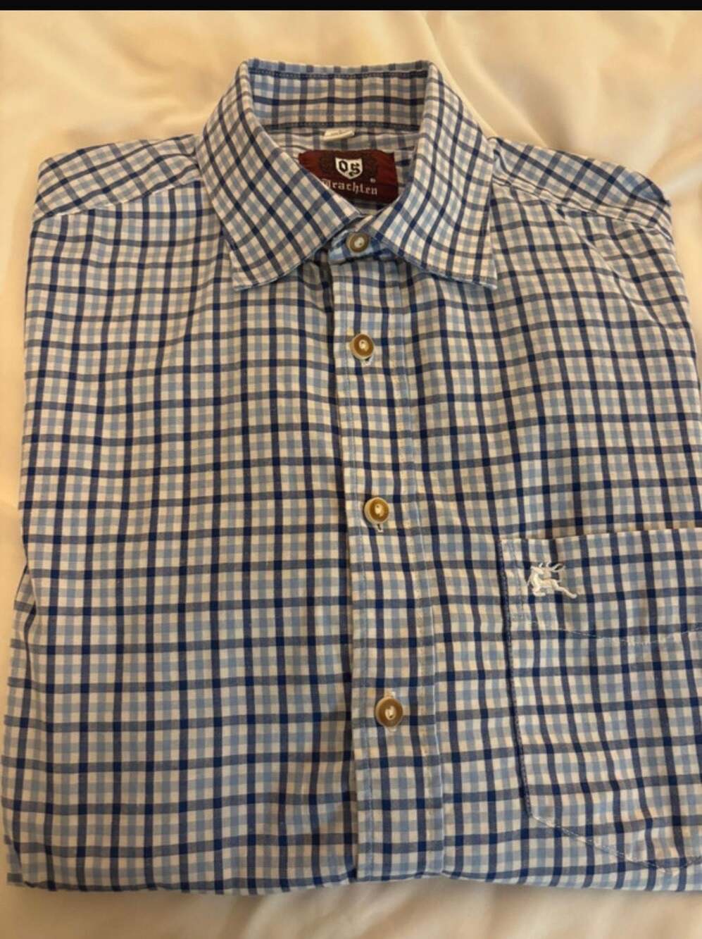 OS Trachten Traditional Blue and White Checkered Men's Button-Down Shirt
